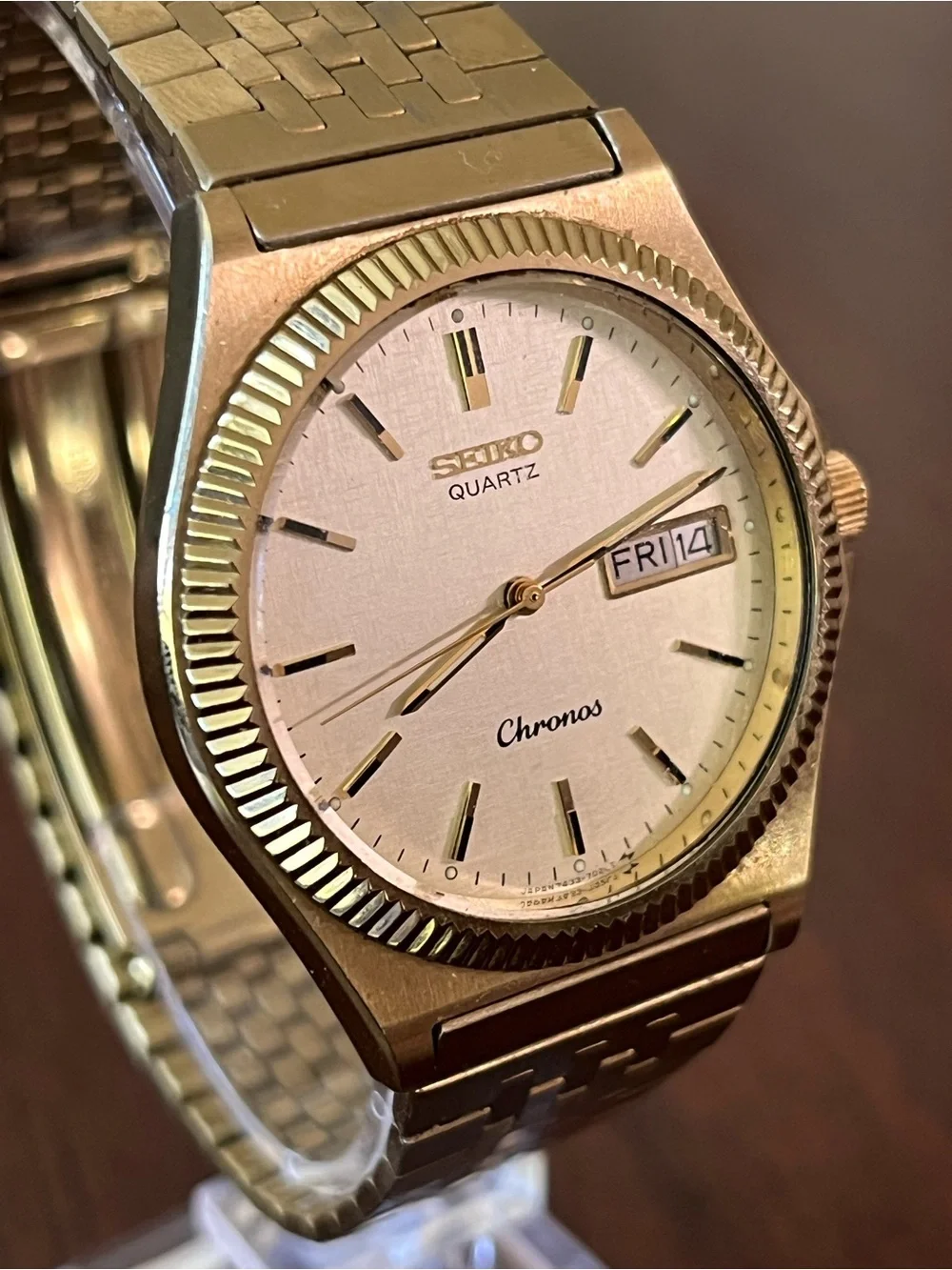 Vintage [N Mint] SEIKO Chronos 7433-7010 Gold Day Date Men's Quartz Watch 6.5”